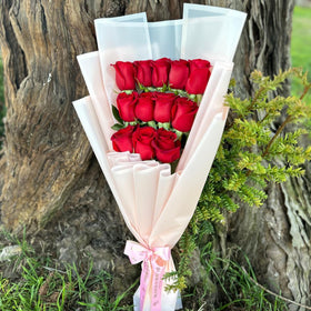 12 Red Roses Bouquet – Wrapped in Elegant Beige Paper